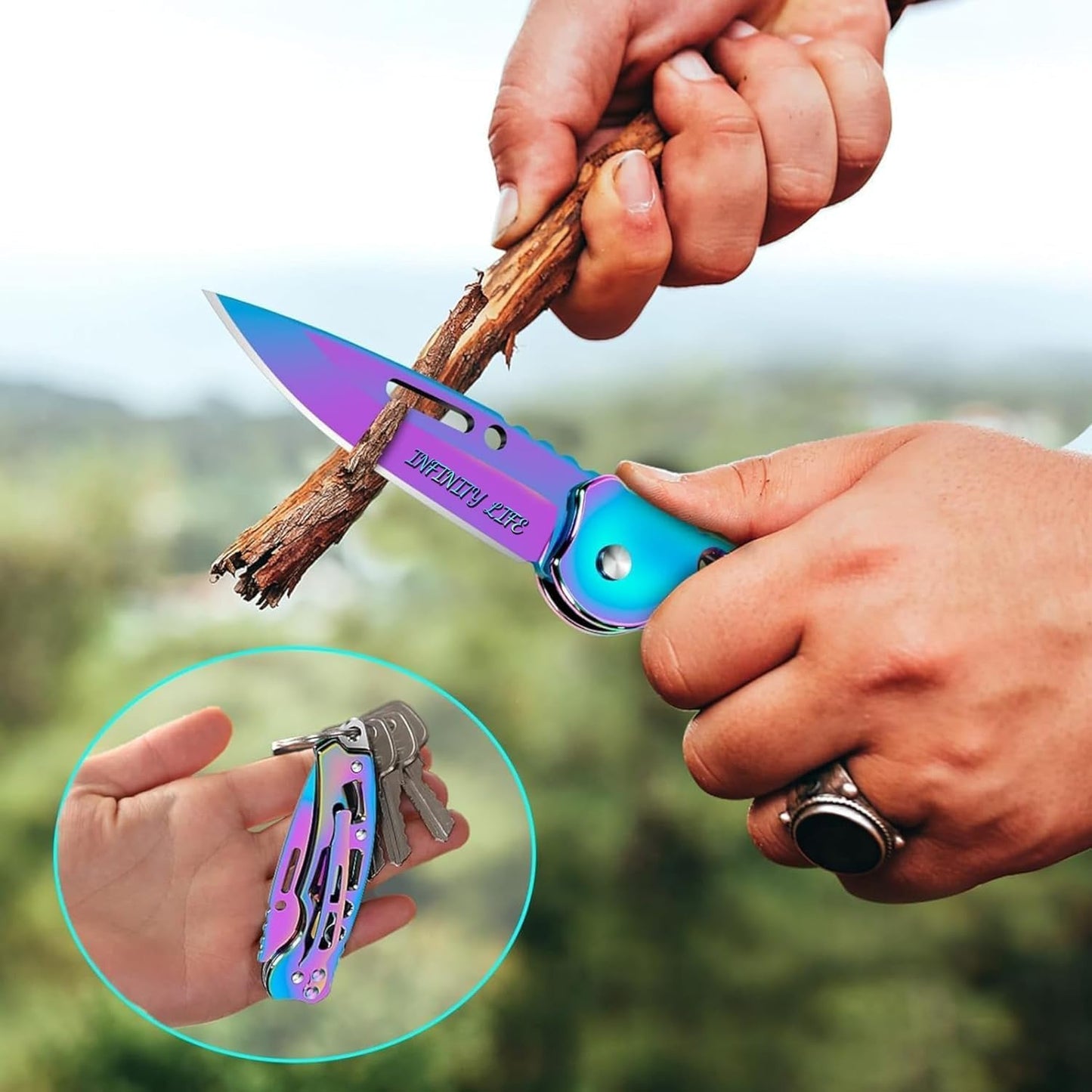 Infinity Life Titanium Folding Knife with Iridescent Finish, Pocket Clip, Key Ring Hole, Multi-Color Rainbow Design PrismaVibrational Colors Violet Transmuter