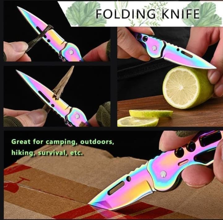 Infinity Life Titanium Folding Knife with Iridescent Finish, Pocket Clip, Key Ring Hole, Multi-Color Rainbow Design PrismaVibrational Colors Violet Transmuter