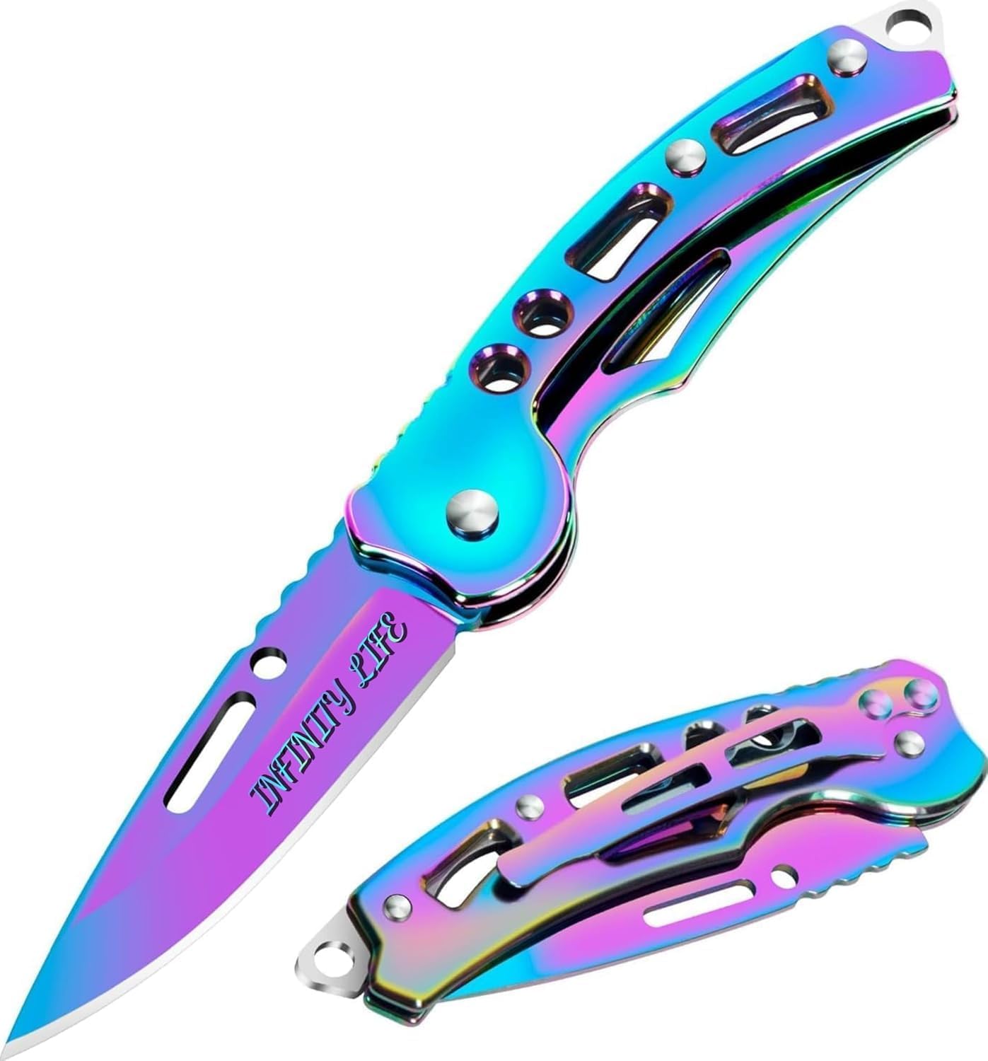 Infinity Life Titanium Folding Knife with Iridescent Finish, Pocket Clip, Key Ring Hole, Multi-Color Rainbow Design PrismaVibrational Colors Violet Transmuter