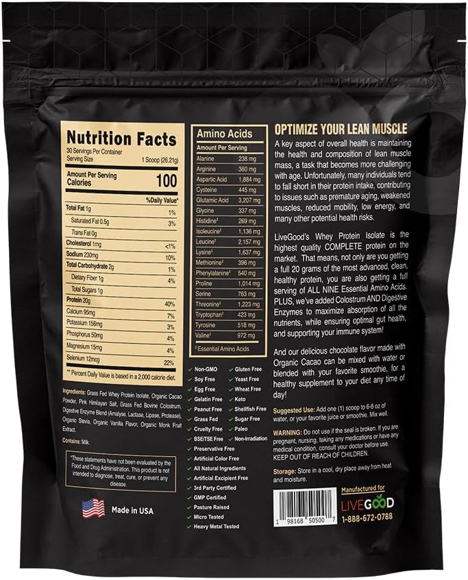 Infinity Life And LiveGood Whey Protein Isolate with Colostrum, Chocolate Flavor, 786g, Gluten Free, Non-GMO