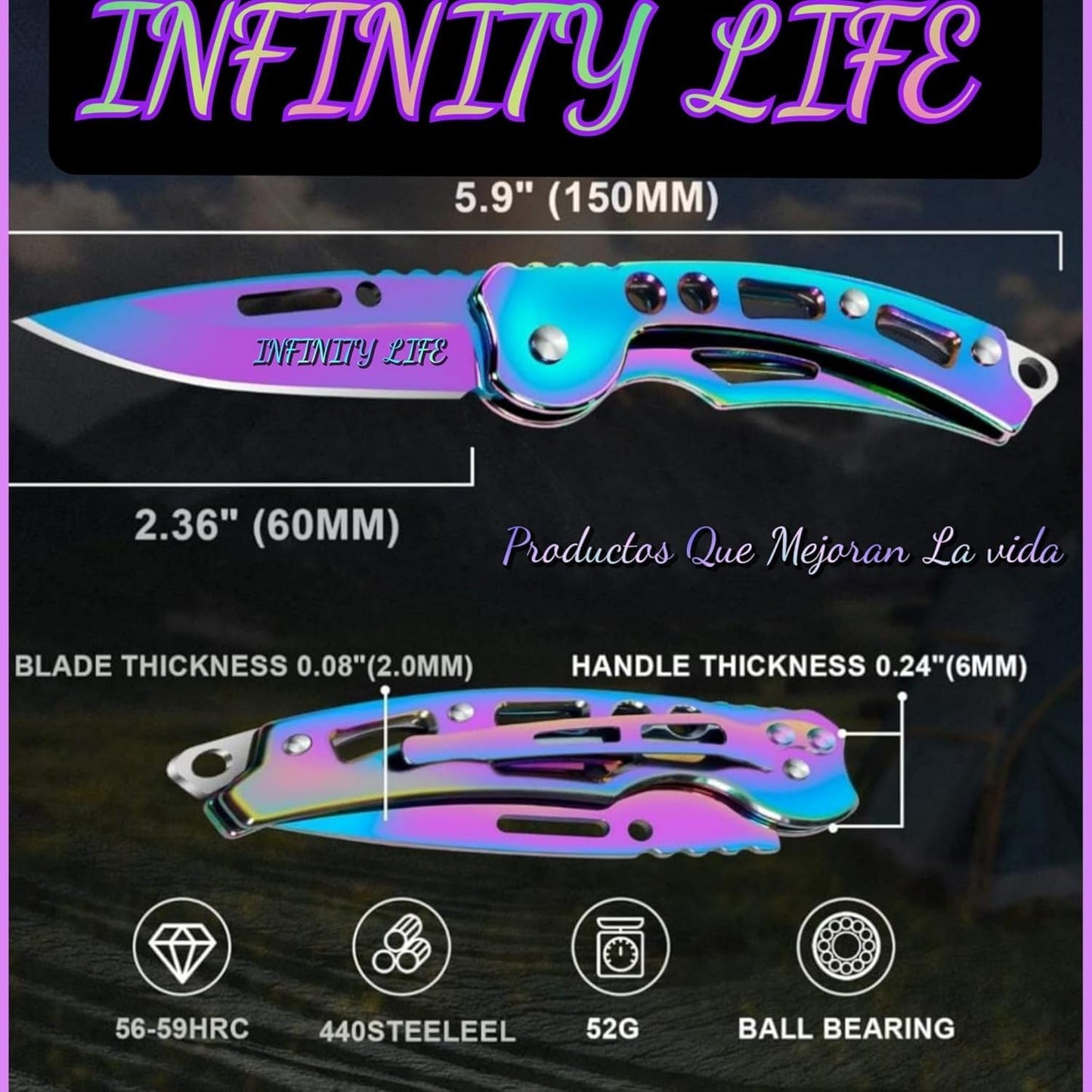 Infinity Life Titanium Folding Knife with Iridescent Finish, Pocket Clip, Key Ring Hole, Multi-Color Rainbow Design PrismaVibrational Colors Violet Transmuter