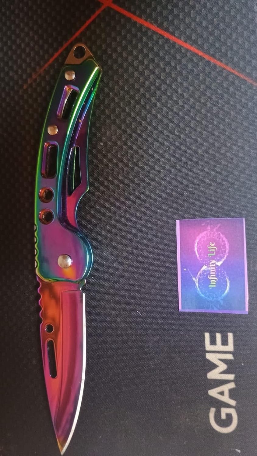 Infinity Life Titanium Folding Knife with Iridescent Finish, Pocket Clip, Key Ring Hole, Multi-Color Rainbow Design PrismaVibrational Colors Violet Transmuter