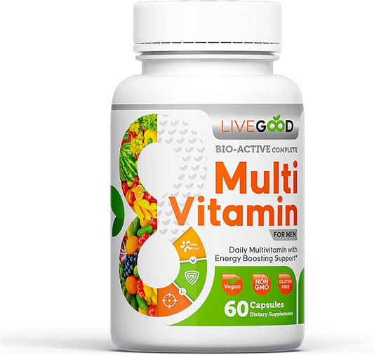 LiveGood™ Men's Bio-Active Complete Multivitamin, Daily Supplement with Vitamin A, B12, C, E, Lycopene, Vegan, 60 Capsules