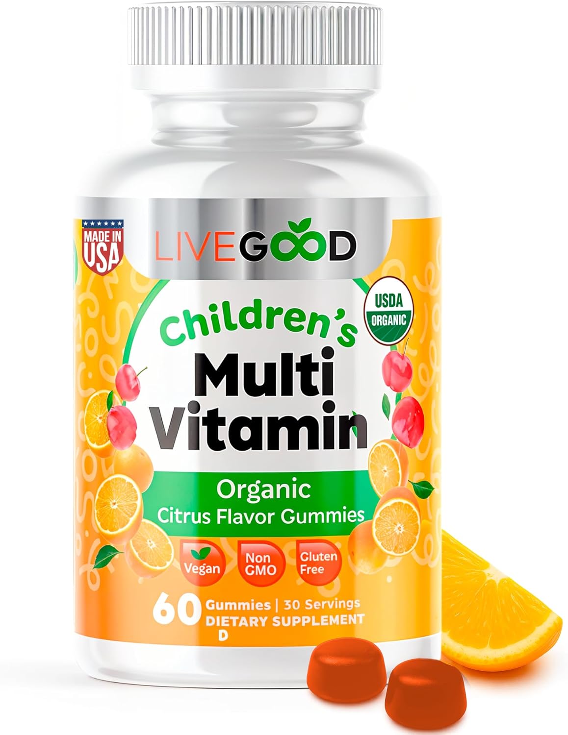 LIVEGOOD™ Organic Childrens Multivitamin Gummies, Chewable Daily Supplement with Vitamin C & Zinc for Kids, Citrus Flavor, 60 Gummies