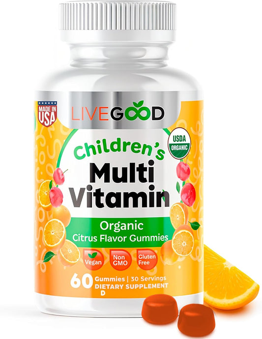 LIVEGOOD™ Organic Childrens Multivitamin Gummies, Chewable Daily Supplement with Vitamin C & Zinc for Kids, Citrus Flavor, 60 Gummies