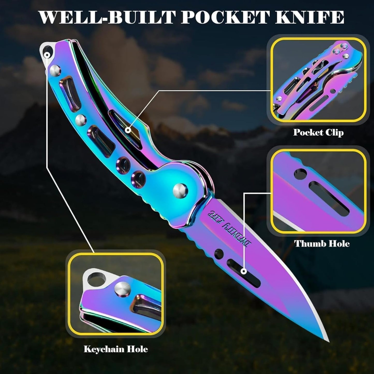 Infinity Life Titanium Folding Knife with Iridescent Finish, Pocket Clip, Key Ring Hole, Multi-Color Rainbow Design PrismaVibrational Colors Violet Transmuter