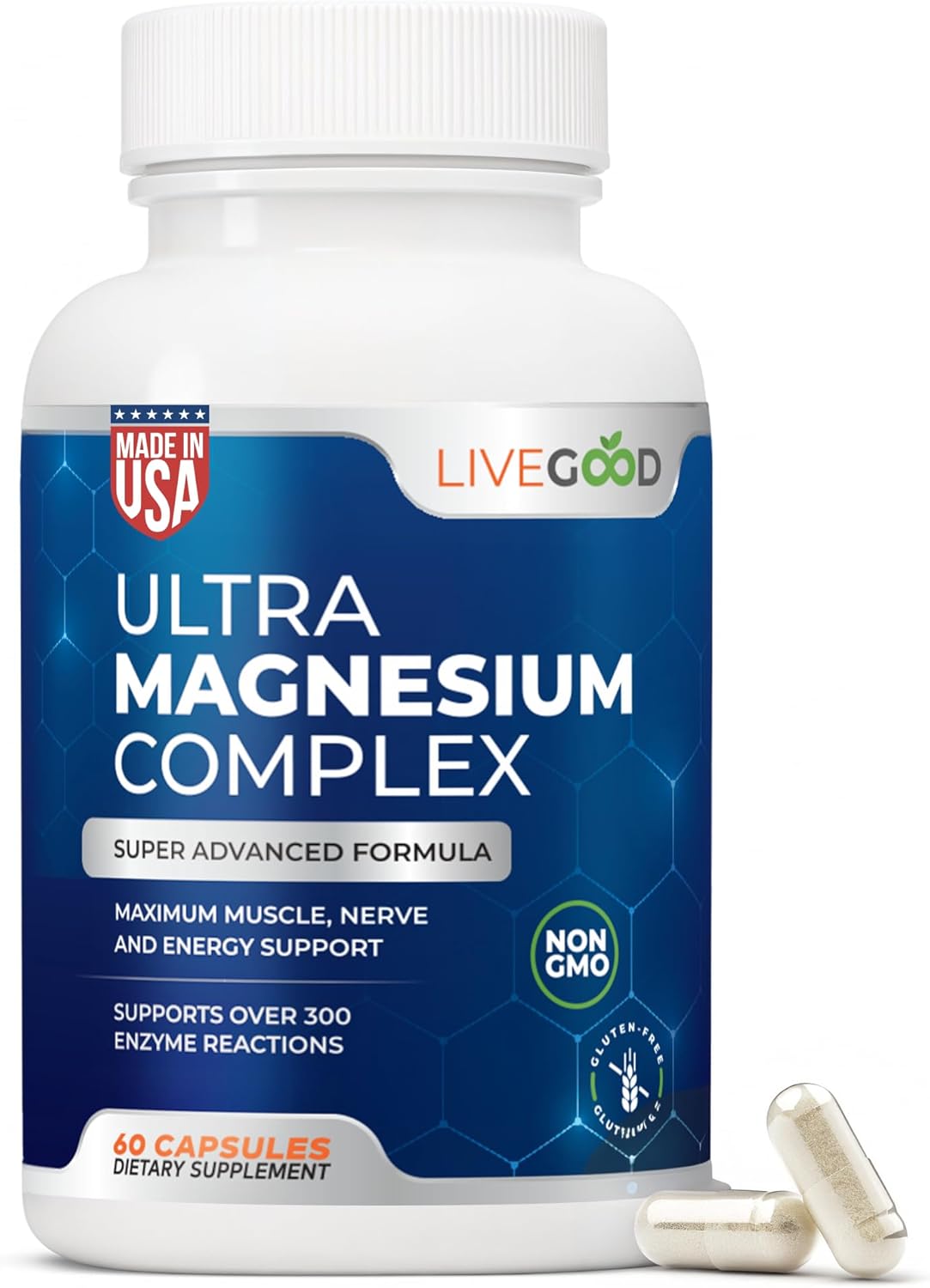 LiveGood™ Ultra Magnesium Complex, Organic Magnesium Glycinate and Gluconate for Muscle Recovery, Nerve Support & Relief – High Absorption Supplement, Vegan, Non-GMO, Made in USA, 60 Capsules