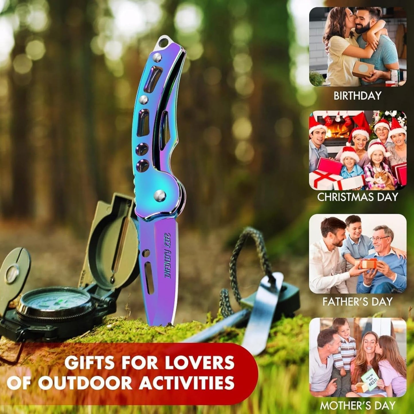 Infinity Life Titanium Folding Knife with Iridescent Finish, Pocket Clip, Key Ring Hole, Multi-Color Rainbow Design PrismaVibrational Colors Violet Transmuter