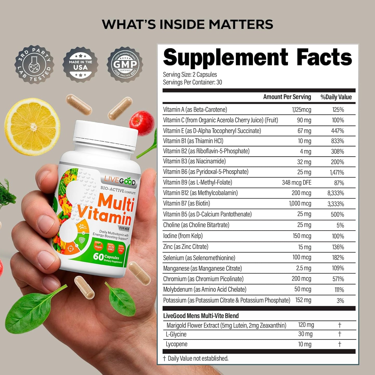 LiveGood™ Men's Bio-Active Complete Multivitamin, Daily Supplement with Vitamin A, B12, C, E, Lycopene, Vegan, 60 Capsules