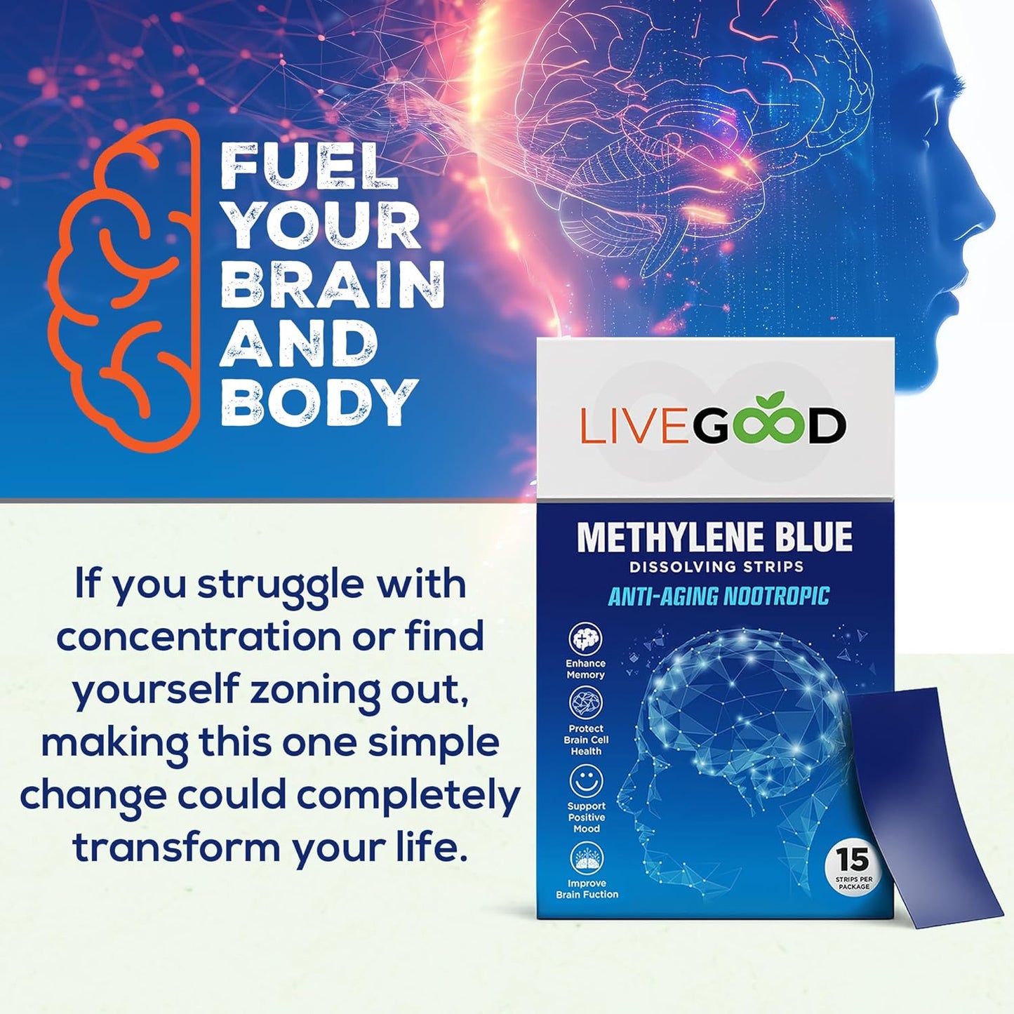 LIVEGOOD Methylene Blue – Methylene Blue for Humans, Brain Supplements for Memory and Focus, Clarity & Cognitive Energy, Nootropic Brain Support, Made in USA, 15 Oral Strips with 20mg Each