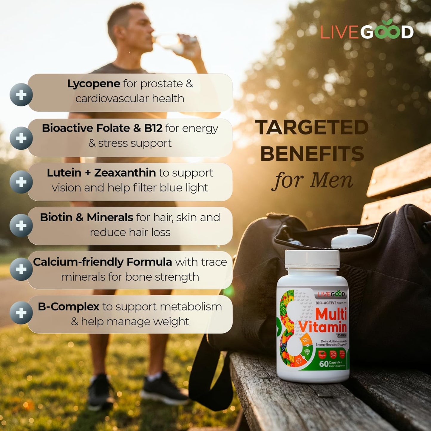 LiveGood™ Men's Bio-Active Complete Multivitamin, Daily Supplement with Vitamin A, B12, C, E, Lycopene, Vegan, 60 Capsules