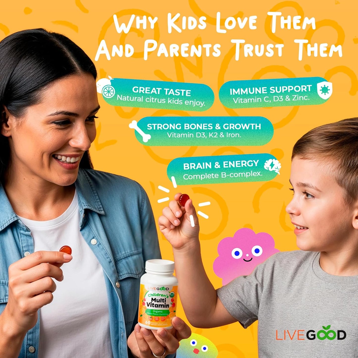LIVEGOOD™ Organic Childrens Multivitamin Gummies, Chewable Daily Supplement with Vitamin C & Zinc for Kids, Citrus Flavor, 60 Gummies