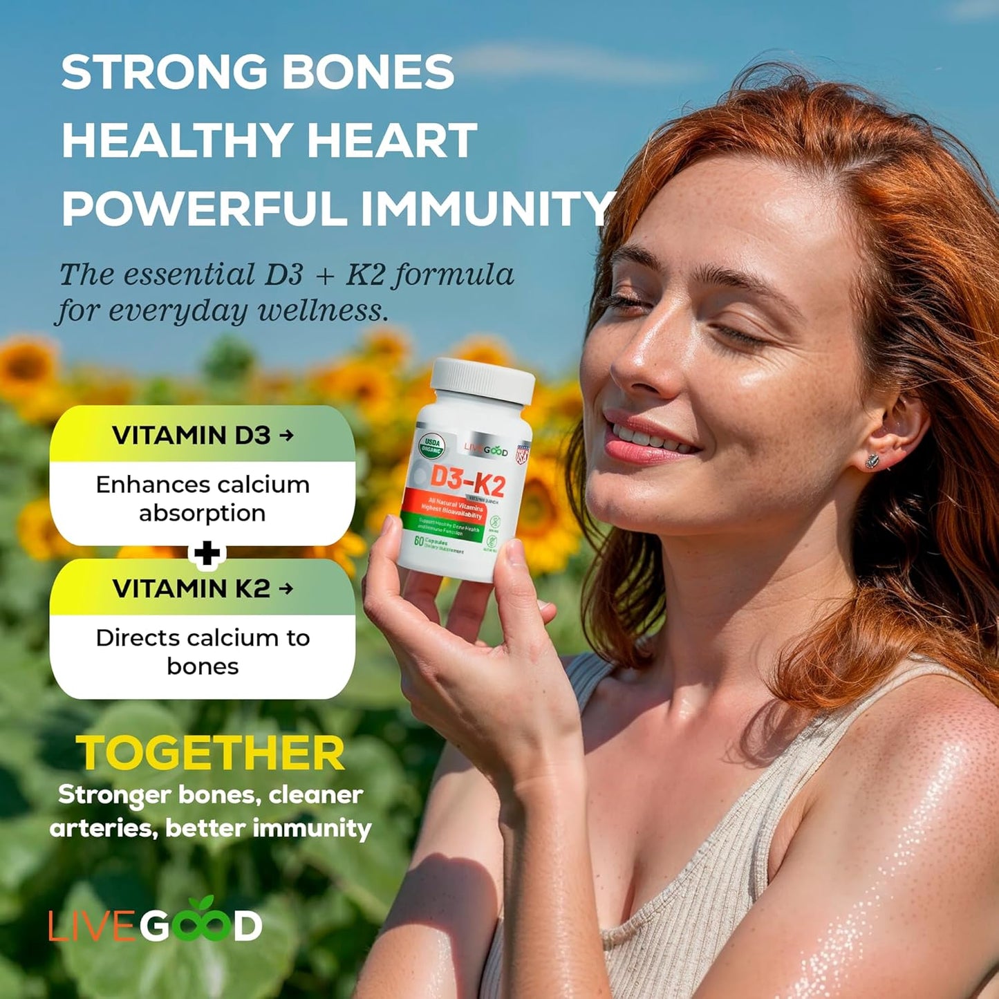 LIVEGOOD™ Vitamin D3 + K2 All Natural Bone, Muscle & Immune System Support, Vegan & Non-GMO, 60 Capsules