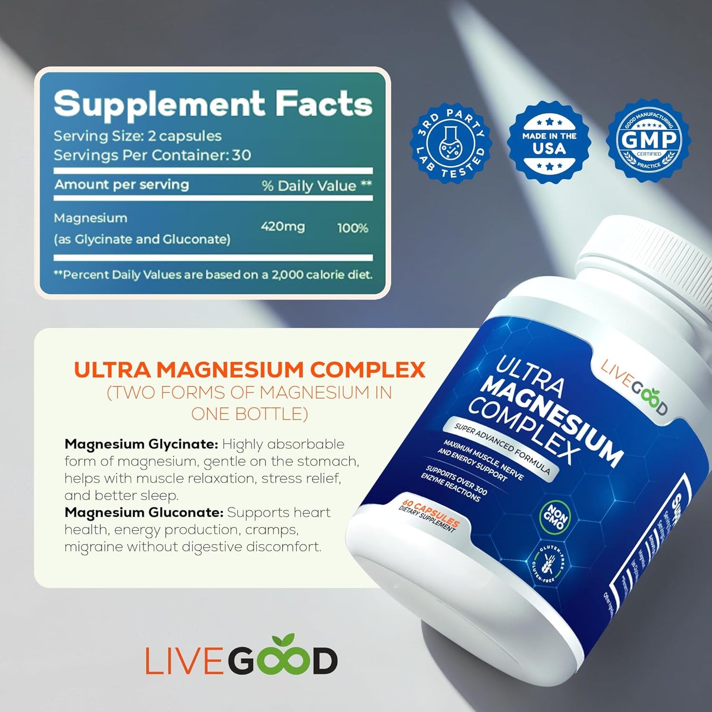 LiveGood™ Ultra Magnesium Complex, Organic Magnesium Glycinate and Gluconate for Muscle Recovery, Nerve Support & Relief – High Absorption Supplement, Vegan, Non-GMO, Made in USA, 60 Capsules