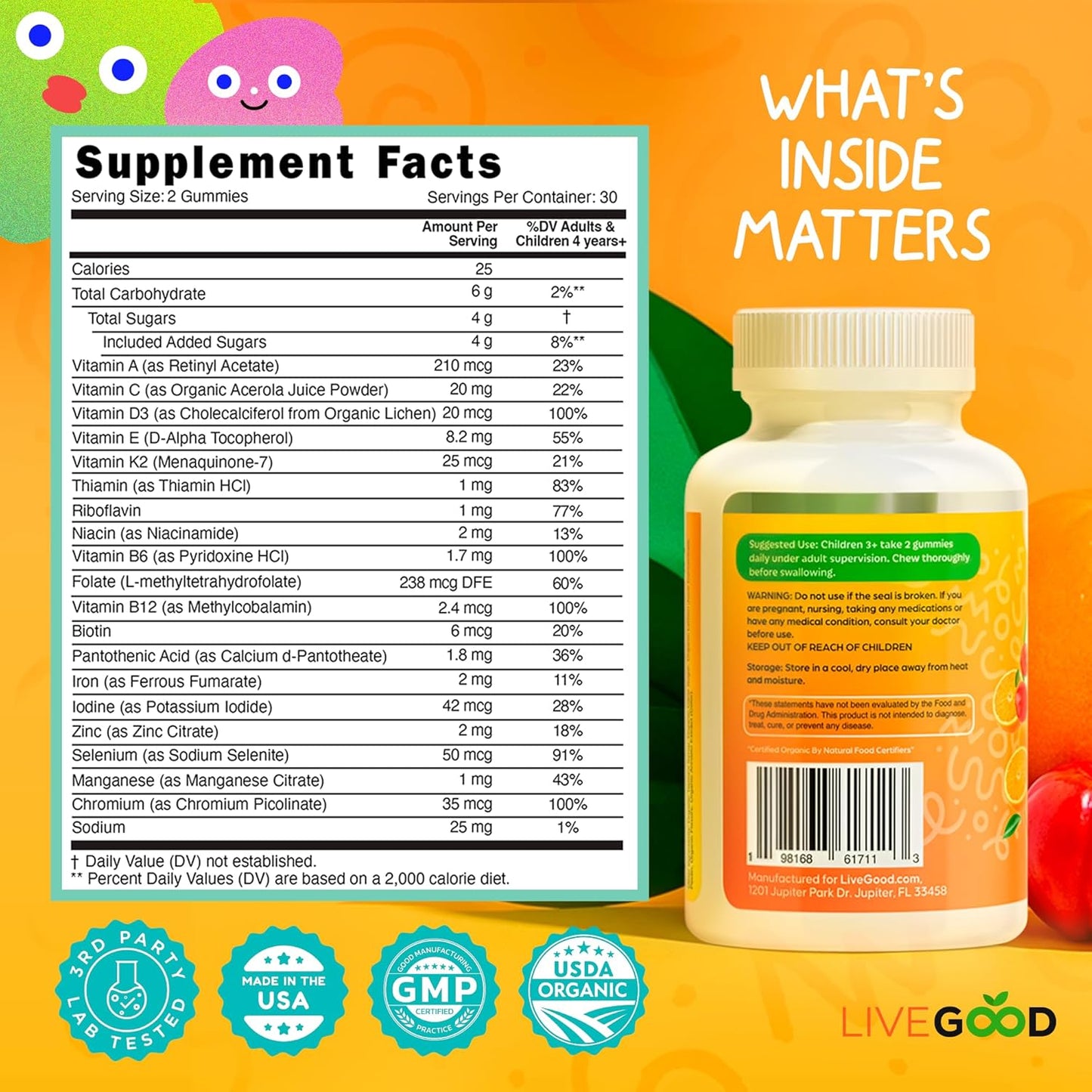 LIVEGOOD™ Organic Childrens Multivitamin Gummies, Chewable Daily Supplement with Vitamin C & Zinc for Kids, Citrus Flavor, 60 Gummies