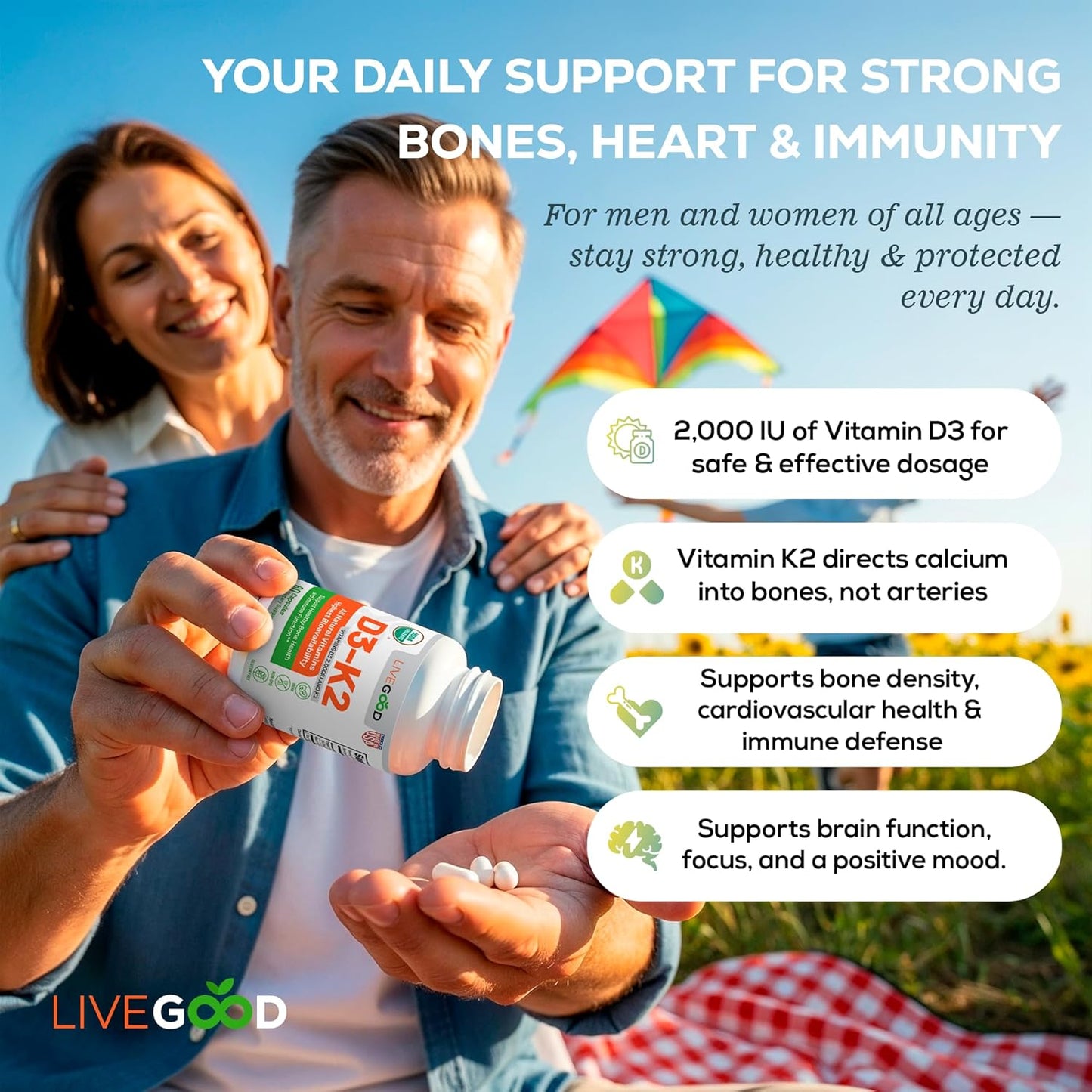 LIVEGOOD™ Vitamin D3 + K2 All Natural Bone, Muscle & Immune System Support, Vegan & Non-GMO, 60 Capsules