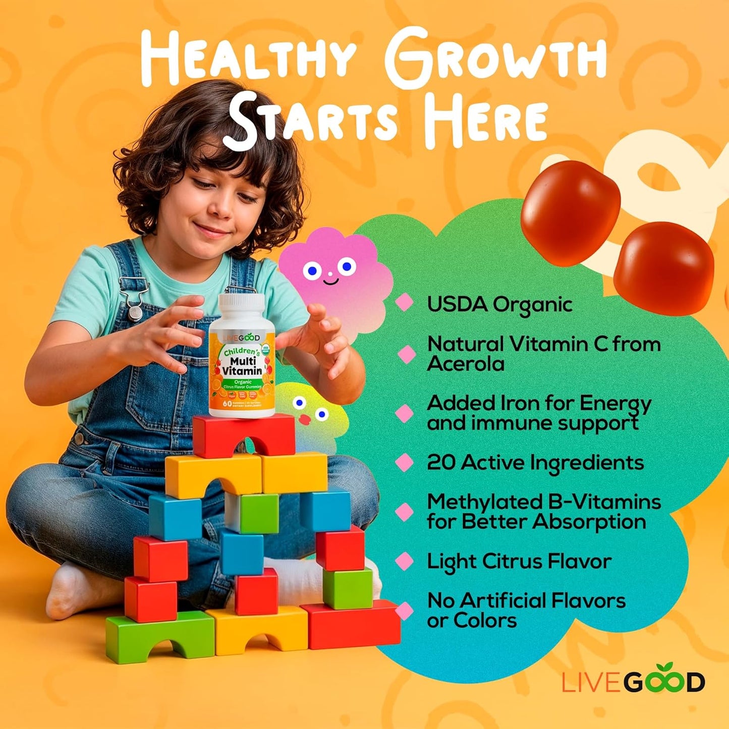 LIVEGOOD™ Organic Childrens Multivitamin Gummies, Chewable Daily Supplement with Vitamin C & Zinc for Kids, Citrus Flavor, 60 Gummies