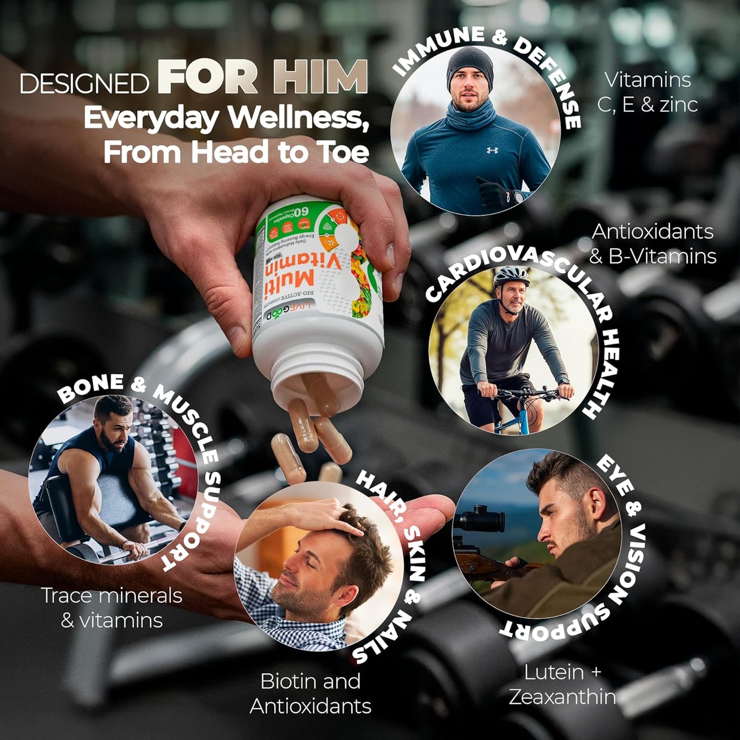 LiveGood™ Men's Bio-Active Complete Multivitamin, Daily Supplement with Vitamin A, B12, C, E, Lycopene, Vegan, 60 Capsules