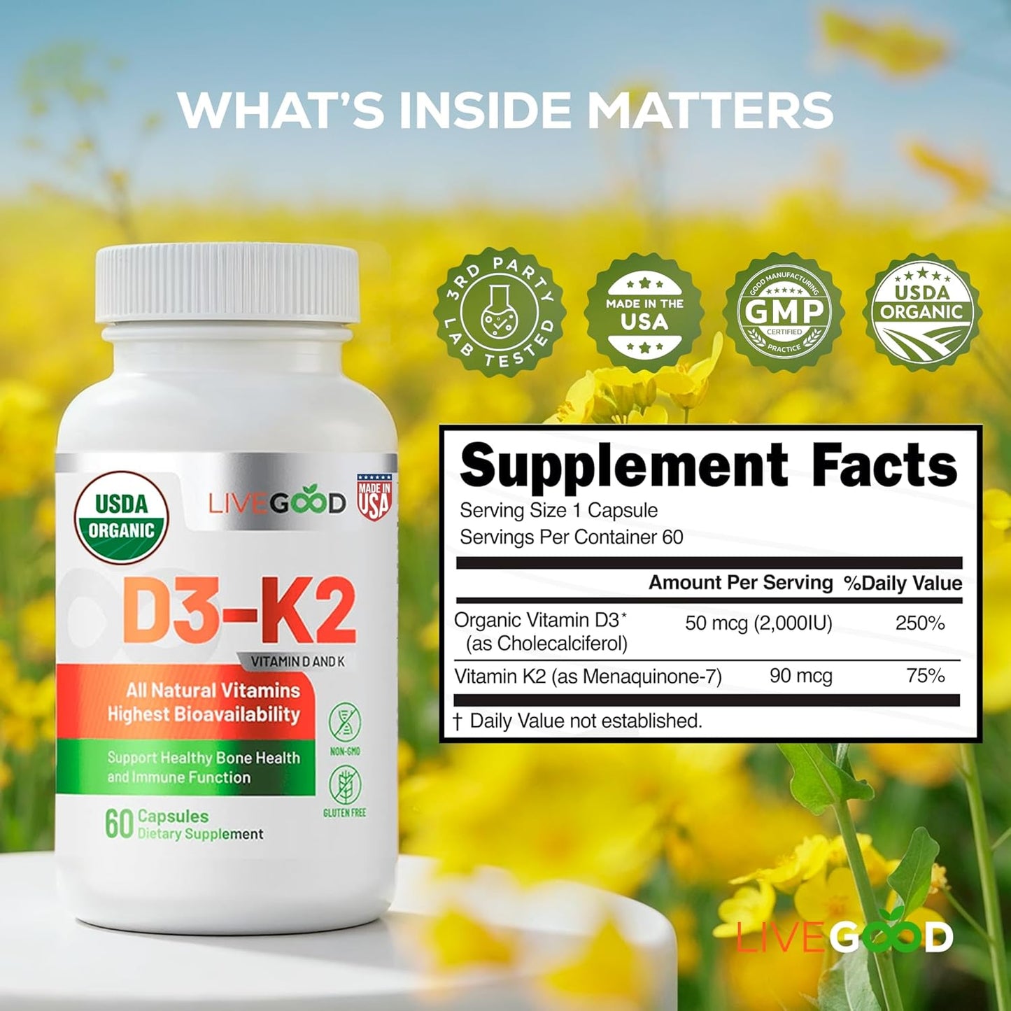 LIVEGOOD™ Vitamin D3 + K2 All Natural Bone, Muscle & Immune System Support, Vegan & Non-GMO, 60 Capsules