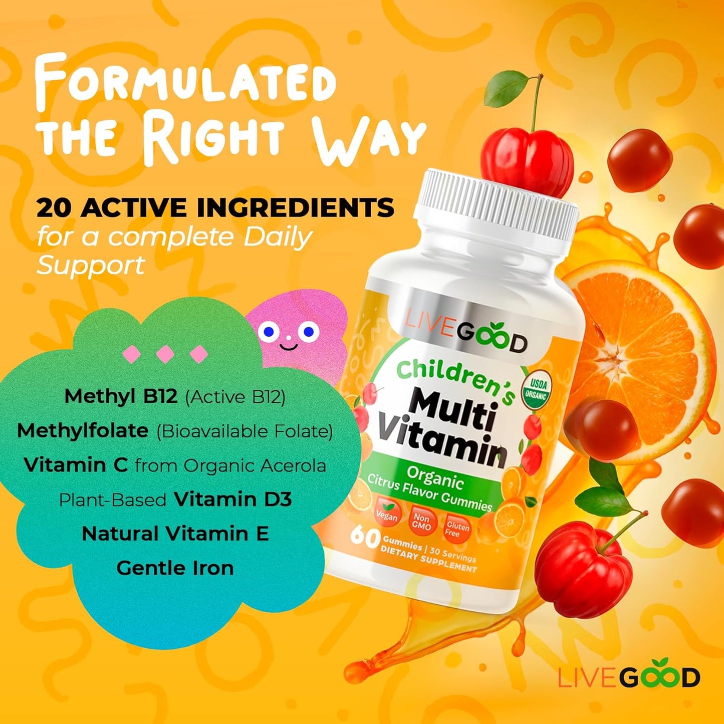 LIVEGOOD™ Organic Childrens Multivitamin Gummies, Chewable Daily Supplement with Vitamin C & Zinc for Kids, Citrus Flavor, 60 Gummies